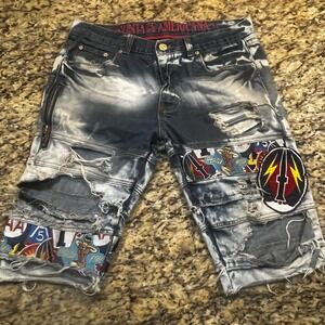 Vintage Americana Denim Outpost Mens Distressed Acid Wash Patched Shorts Size 34
